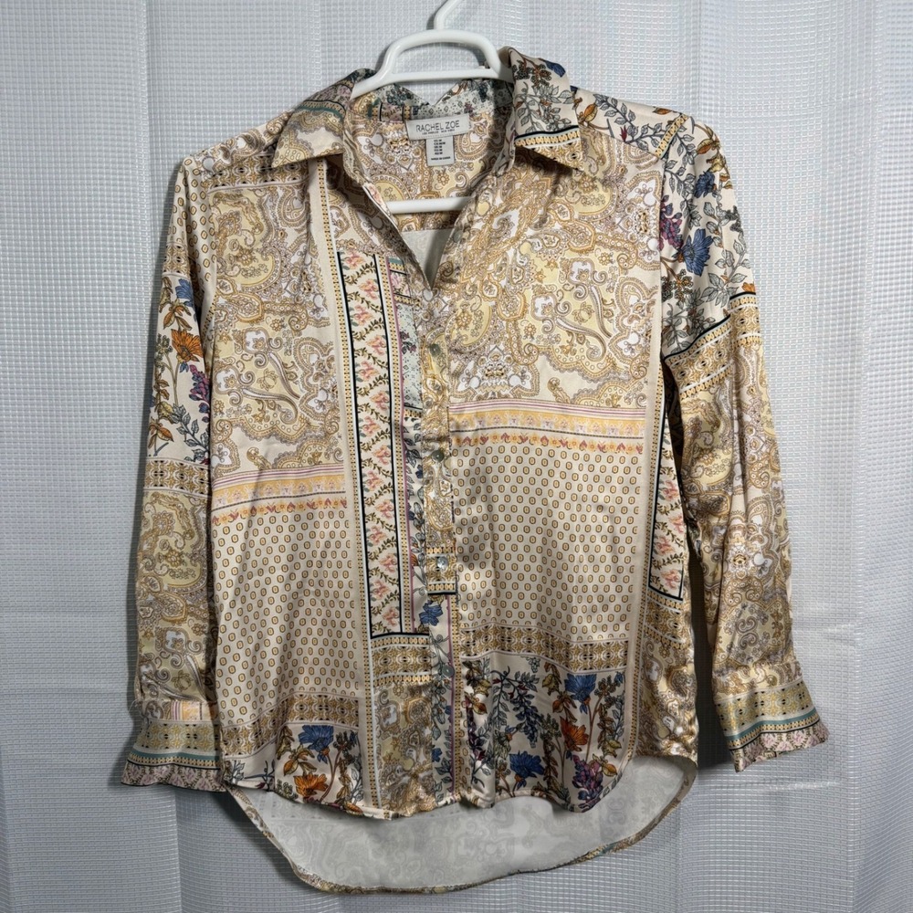 Rachel Zoe Button Down Blouse M‎ Multicolor Tan Paisley Floral Patchwork Print